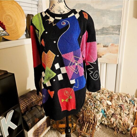 Vtg I.B Diffusion Sweater 90's Bold Retro Geometric Print Embellished Rhinestone - Picture 6 of 15